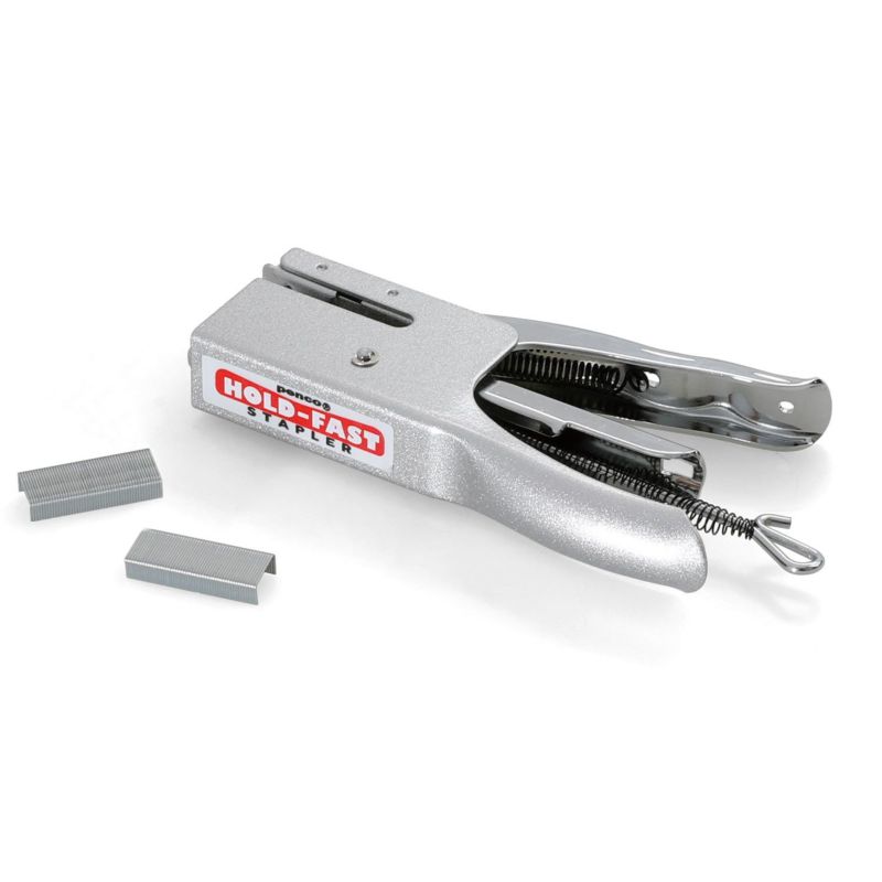 Metal staple gun with staples on a white background