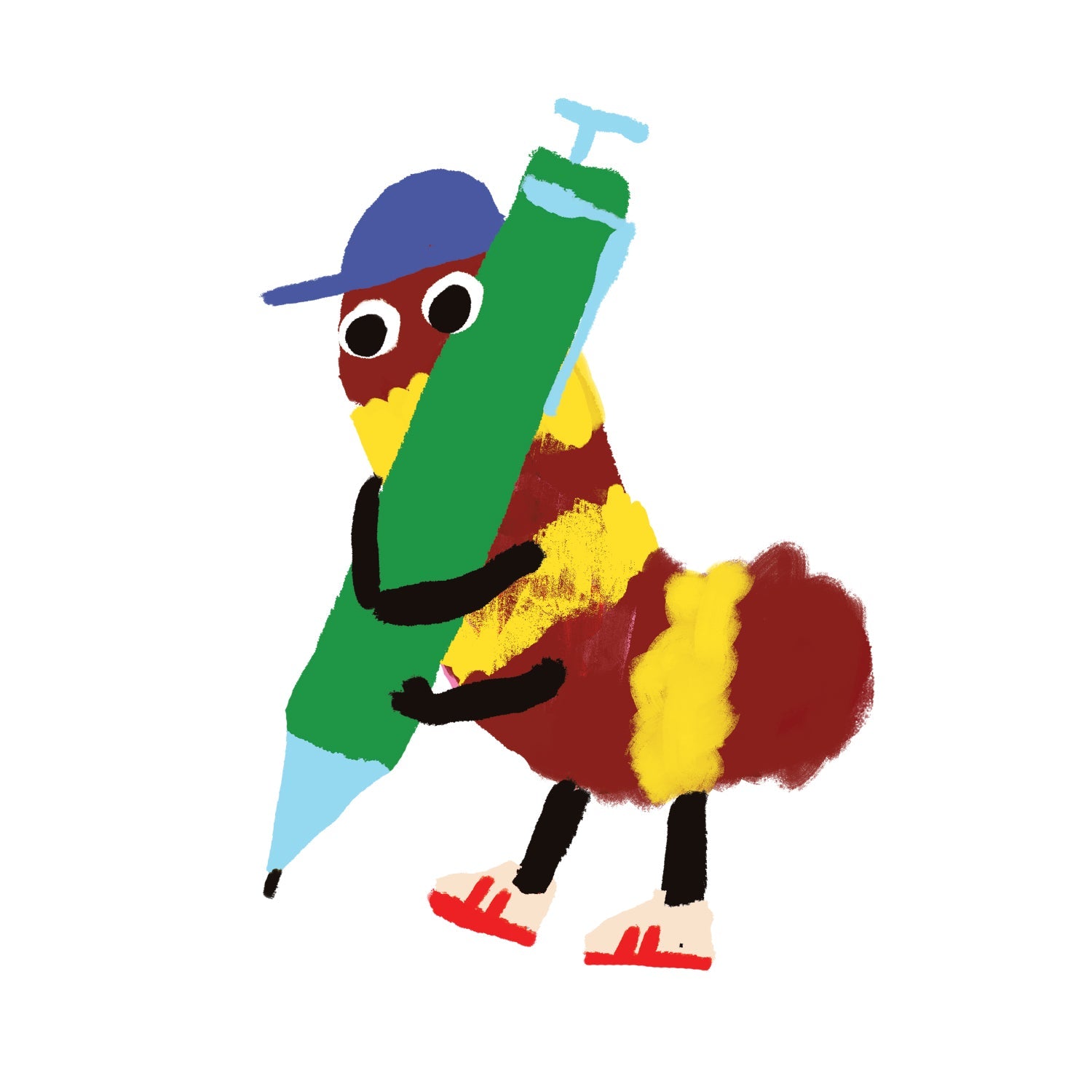 Vinyl sticker with a colourful cartoon character with a green body, red and yellow wings, and a blue hat holding a green bottle.