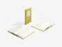 Two open notebooks with a yellow cover on a white background