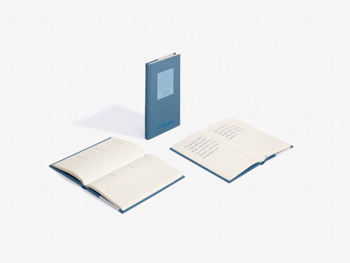 Blue notebook with open pages on a white background