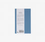 Back cover of a book with text and a blue stripe on a white background