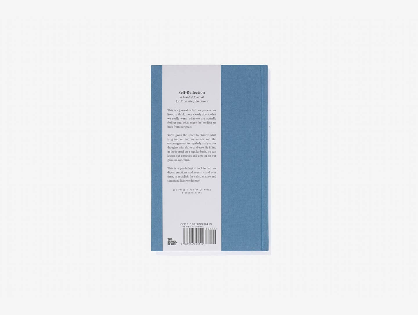 Back cover of a book with text and a blue stripe on a white background