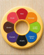 Color wheel with labeled colors on a wooden surface