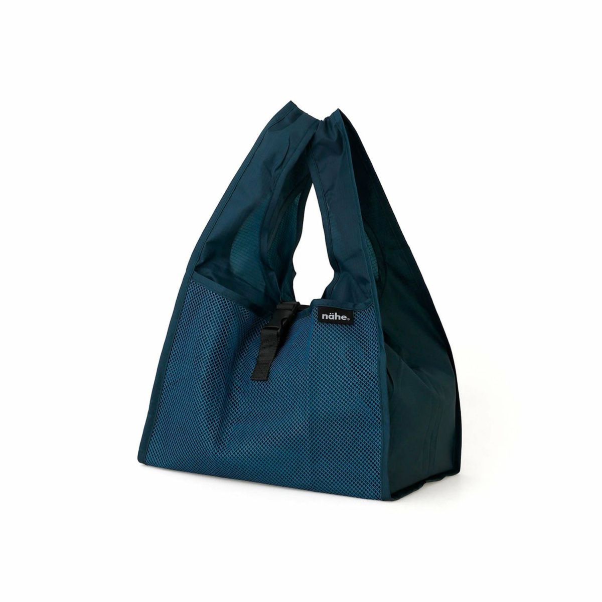 Blue tote bag with a visible brand logo on a white background