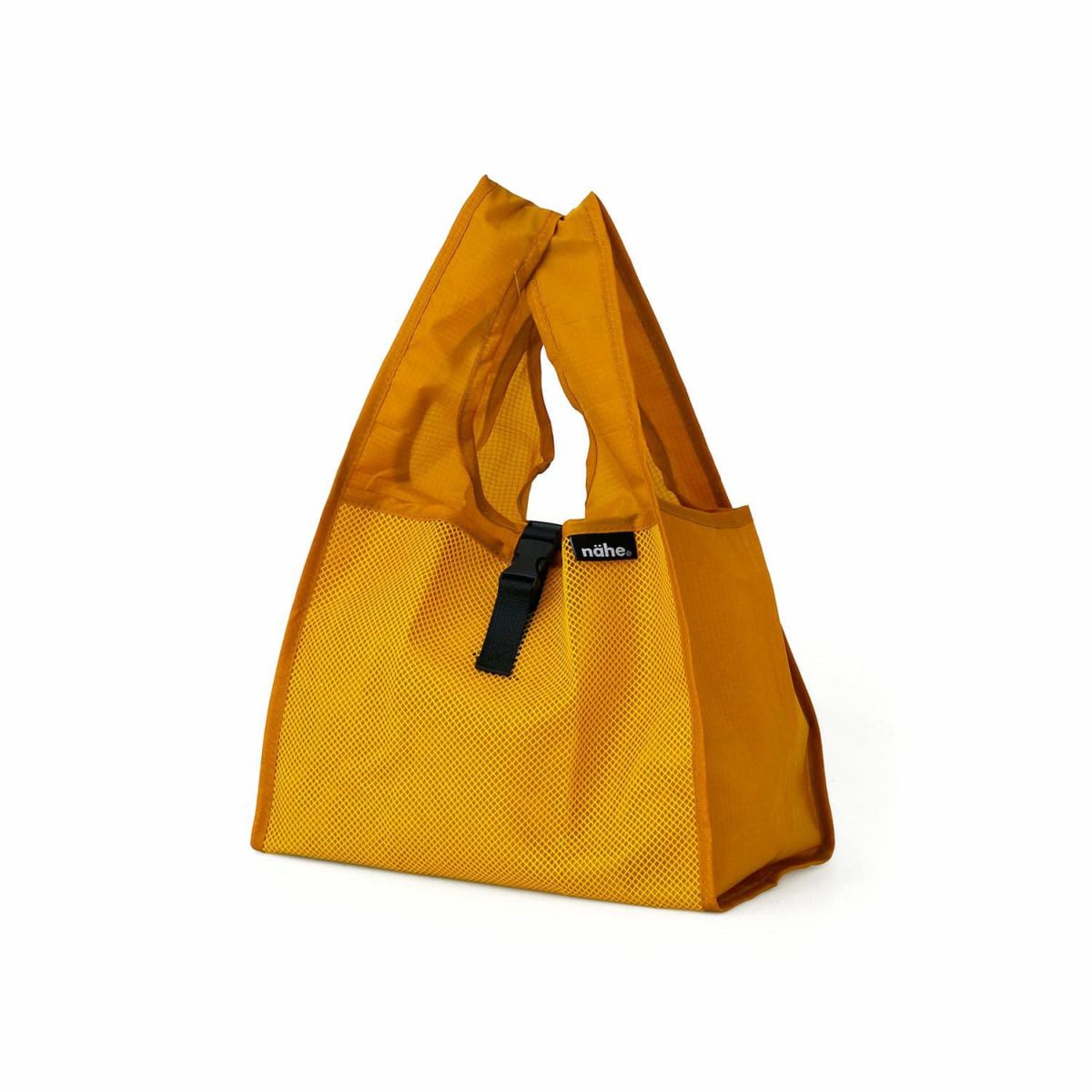Yellow reusable bag with a brand logo on a white background