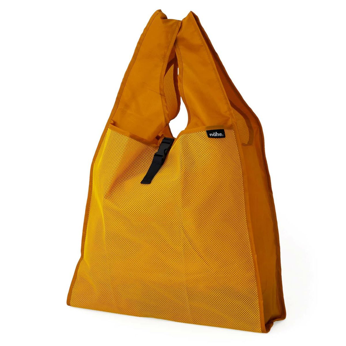 Yellow mesh bag with a brand label on a white background