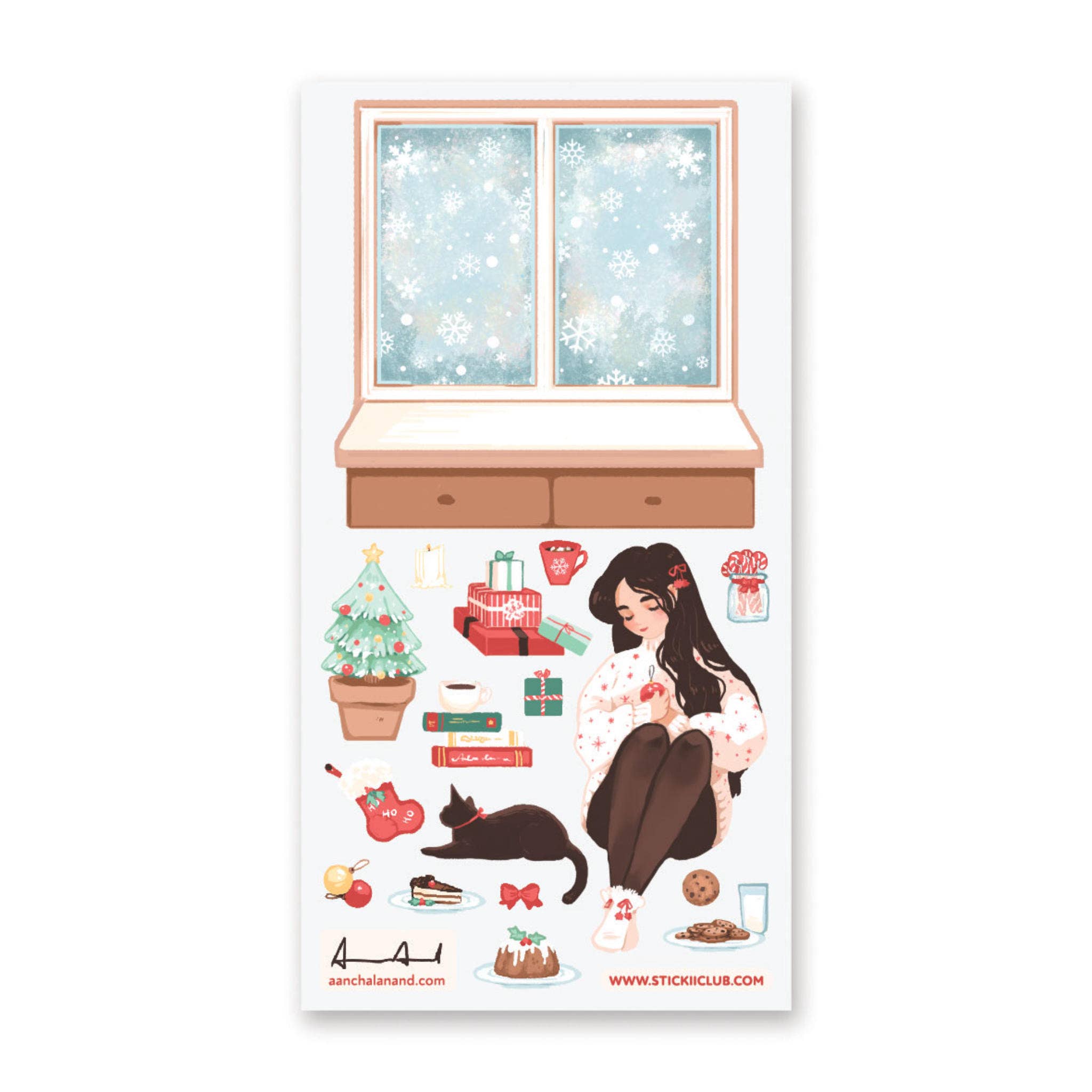 Sticker sheet with a woman, cat, and various items in front of a snowy window