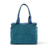 Blue tote bag with multiple pockets on a white background