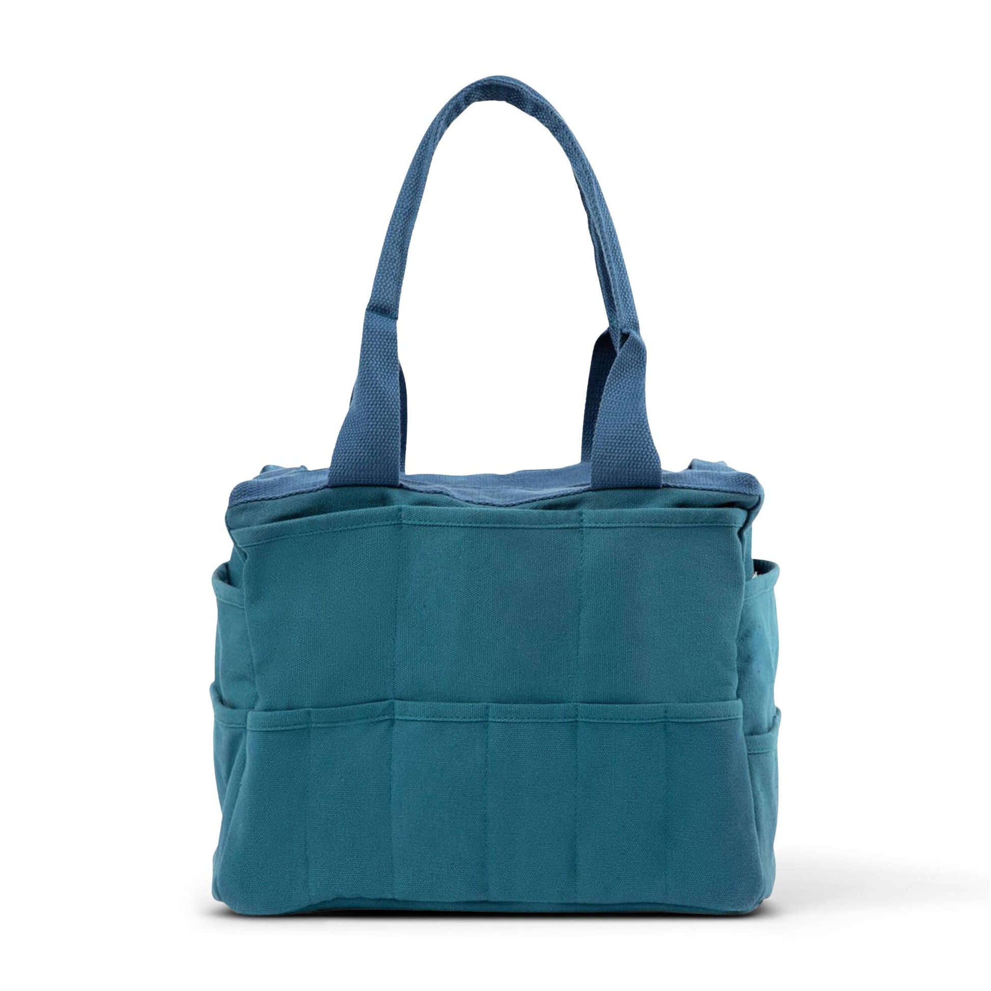 Blue tote bag with multiple pockets on a white background