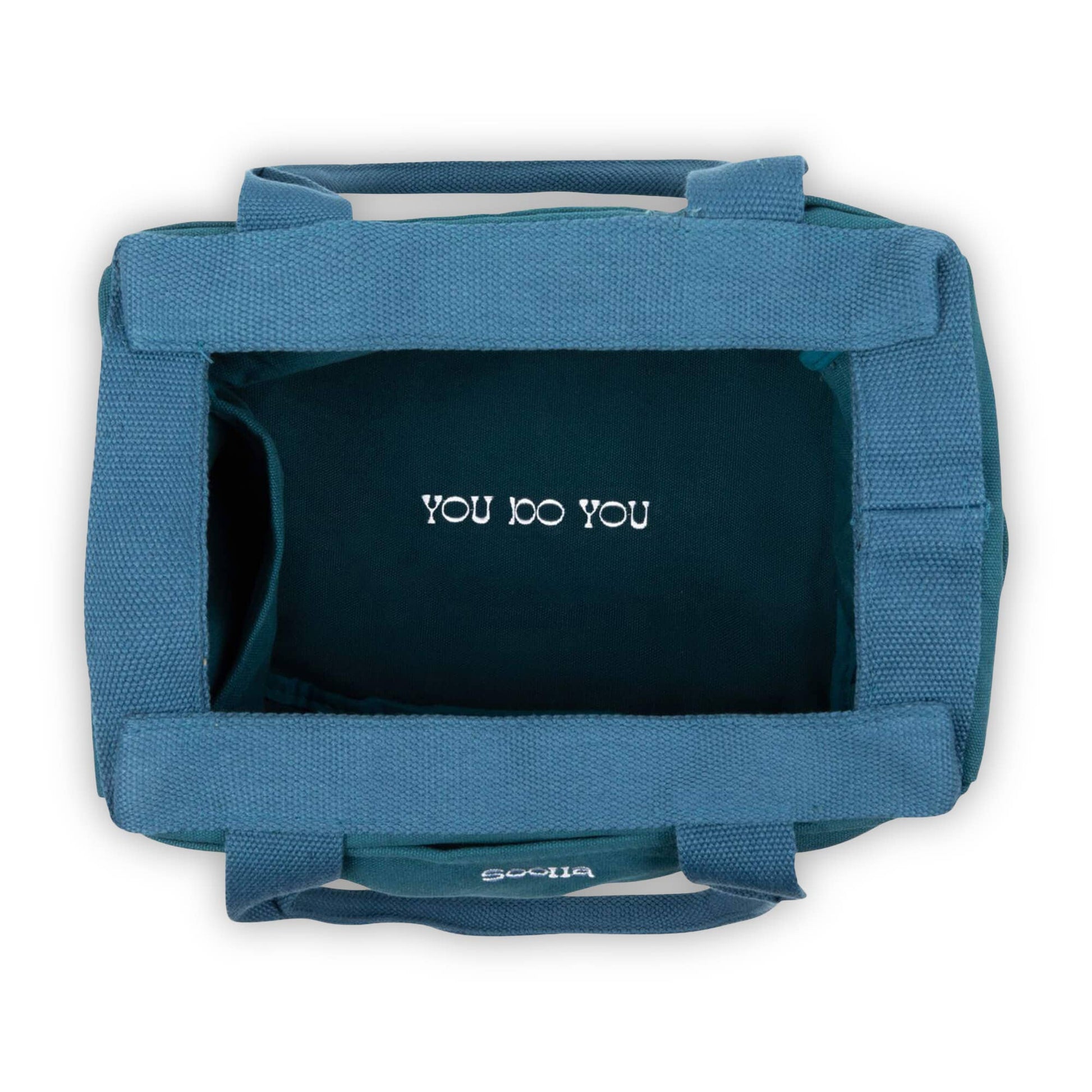 Blue pet carrier with 'YOU DO YOU' text on a white background