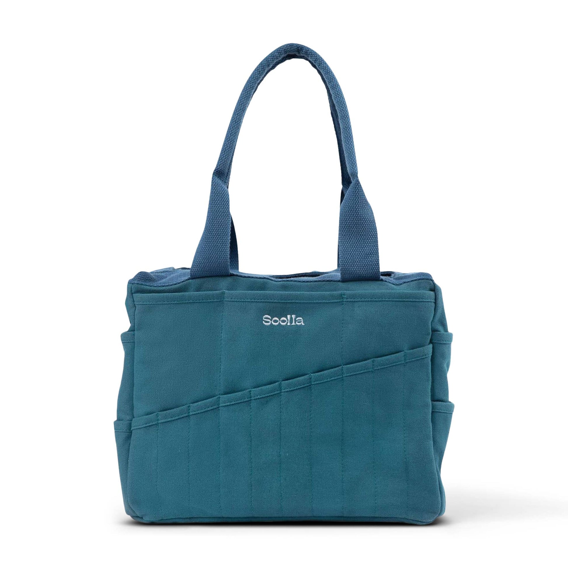 Blue tote bag with 'Sooloa' branding on a white background