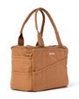 Brown tote bag with a visible brand logo on a white background