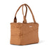 Brown tote bag with a visible brand logo on a white background