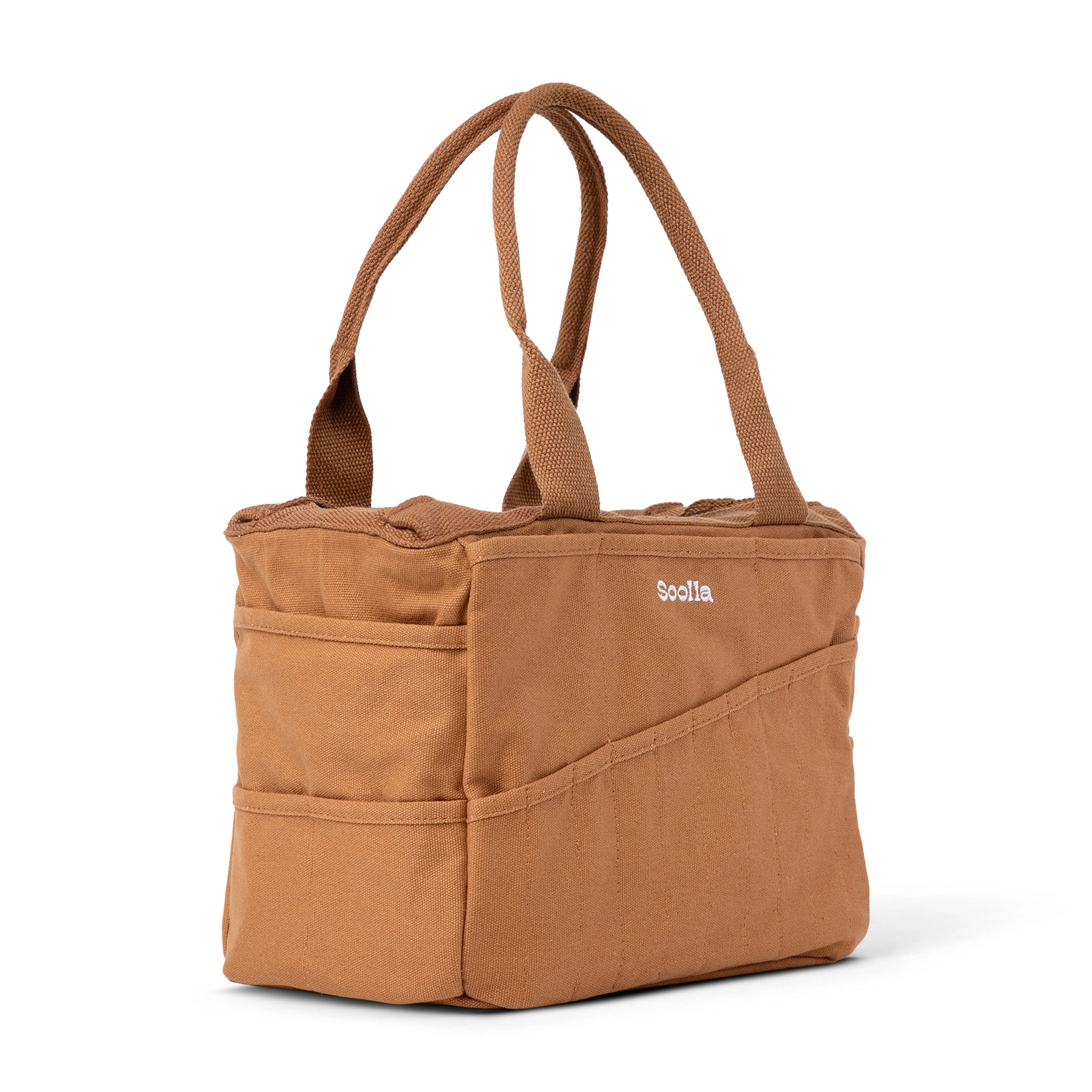Brown tote bag with a visible brand logo on a white background