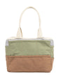 Two-tone green and brown tote bag on a white background