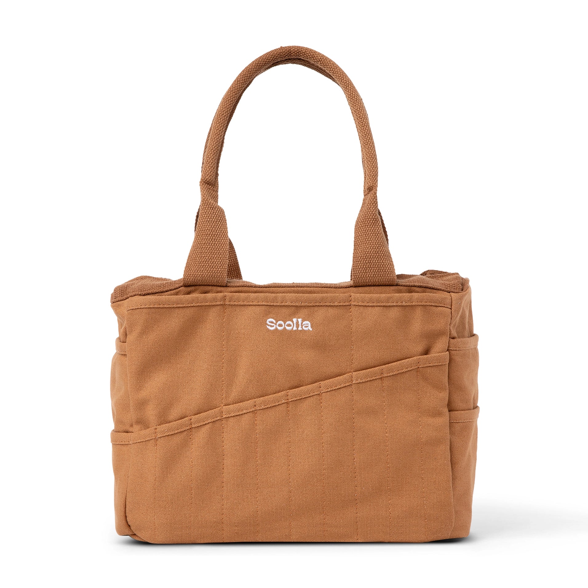 Brown tote bag with 'Soolta' branding on a white background