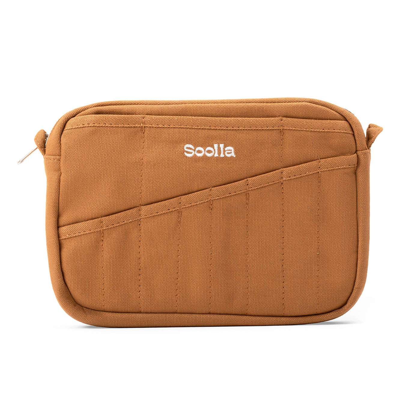 Brown pouch with 'Soolia' branding on a white background