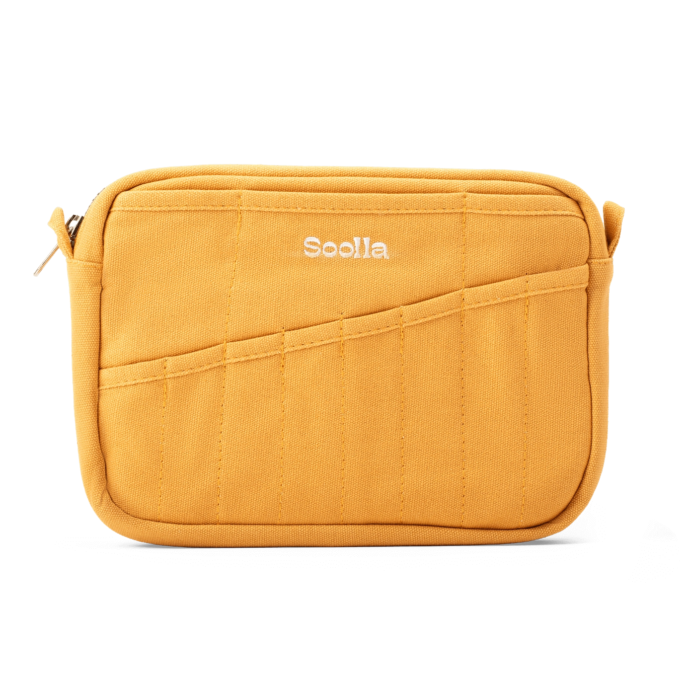 Yellow crossbody bag with 'Soolia' branding on a white background