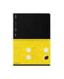 Black notebook with yellow label on a white background