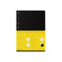 Black notebook with yellow label on a white background