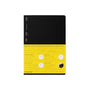Black notebook with yellow label on a white background