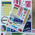 Sticker sheet with stationery items on a puzzle background