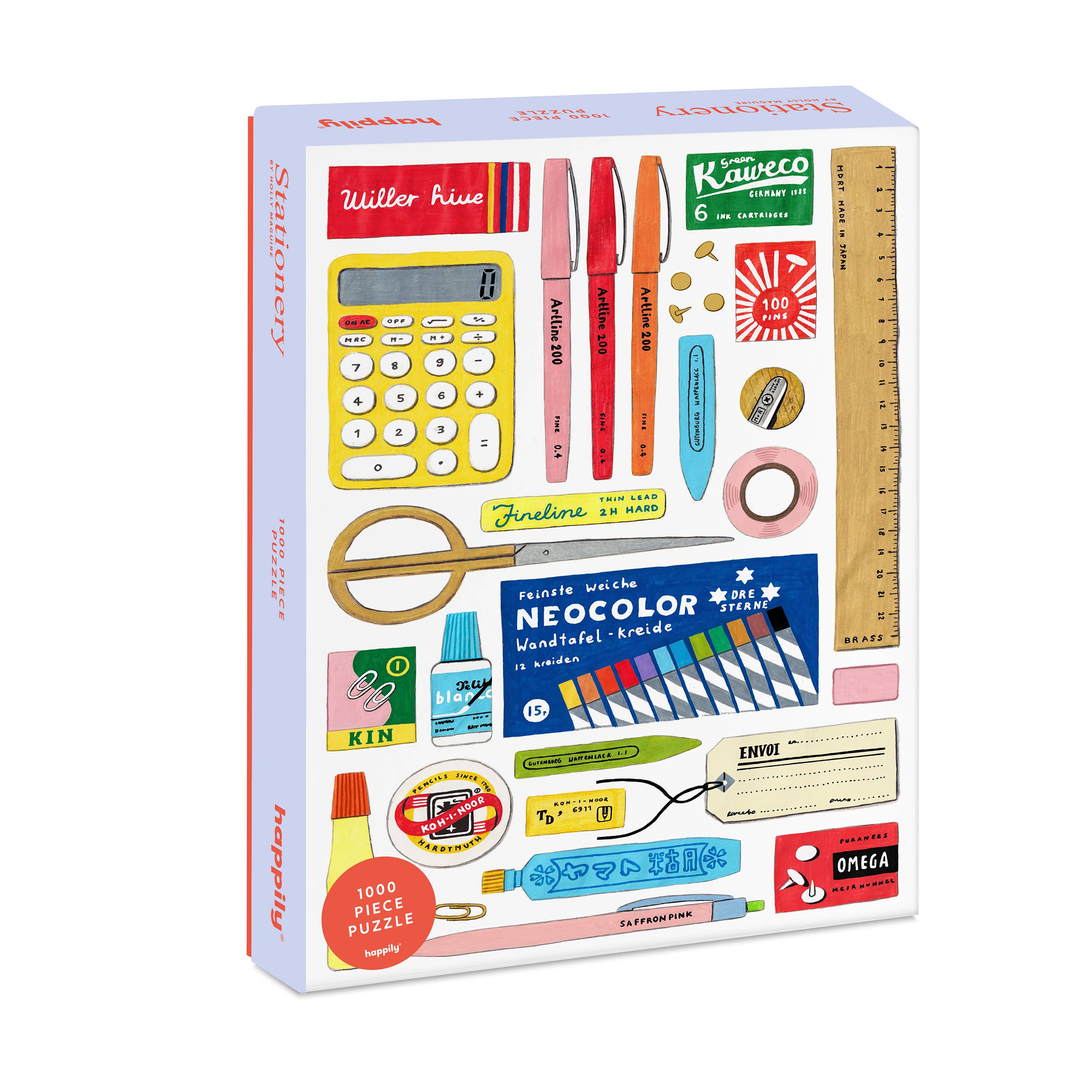 Puzzle box featuring illustrations of stationery items on a white background