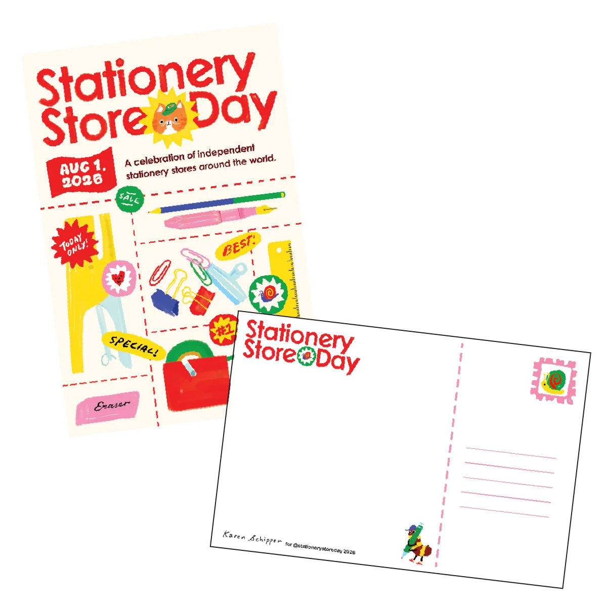 A stationery-themed postcard set featuring a front card with colorful illustrations and the text 'Stationery Store Day' and an open back card with writing lines and a stamp box, shown on a white background.