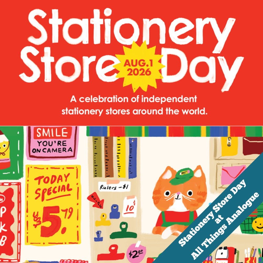 Promotional poster for Stationery Store Day 2026 with colorful stationery-themed graphics on a red background.