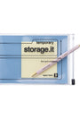 A clear zippered storage pouch containing a light blue dot grid temporary notebook with a pale pink pen placed diagonally across it, shown on a plain white background.