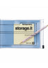 A clear zippered storage pouch containing a light blue dot grid temporary notebook with a pale pink pen placed diagonally across it, shown on a plain white background.