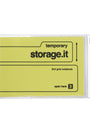 A clear plastic zippered storage case containing a lime yellow dot grid notebook with black printed text and guidelines. The brand name 'temporary storage.