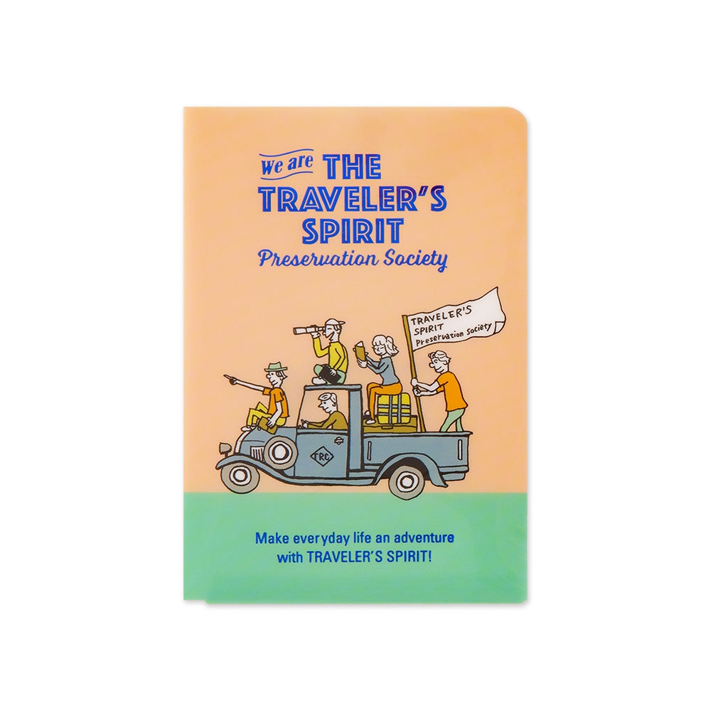 Notebook with illustration of a truck and people on a peach and green background