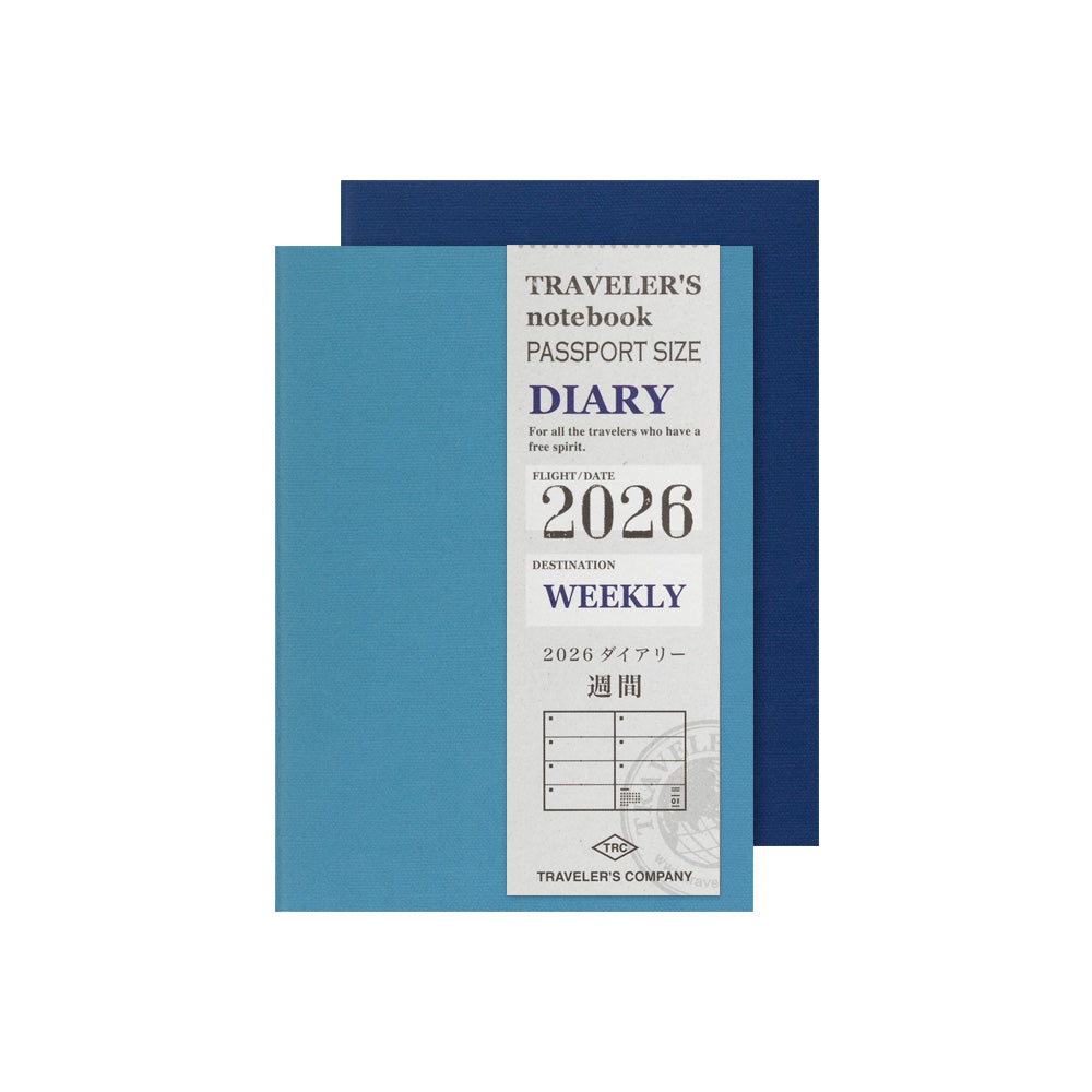 Blue travel diary with 'Traveler's notebook' branding on a white background