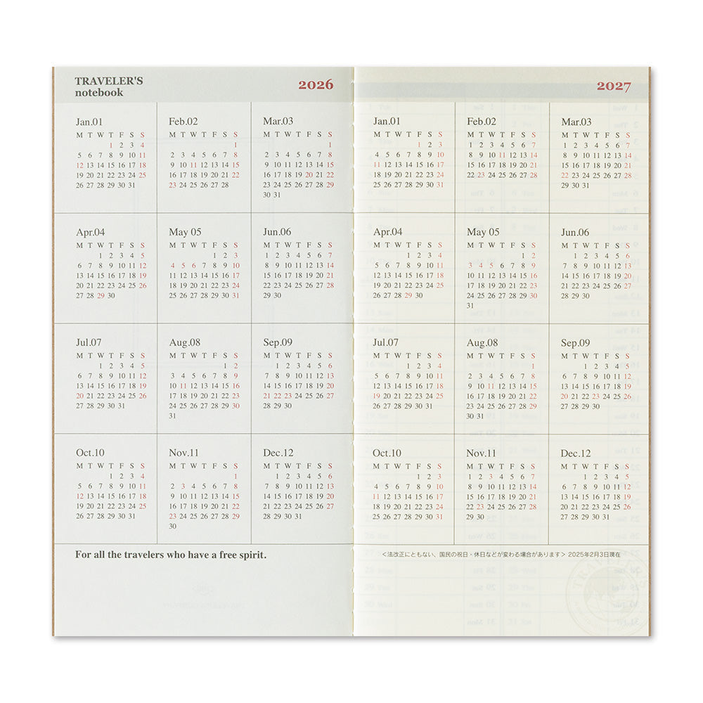 TRAVELER'S Notebook Refill: Half-Year Weekly Memo / Diary July-Dec 2026