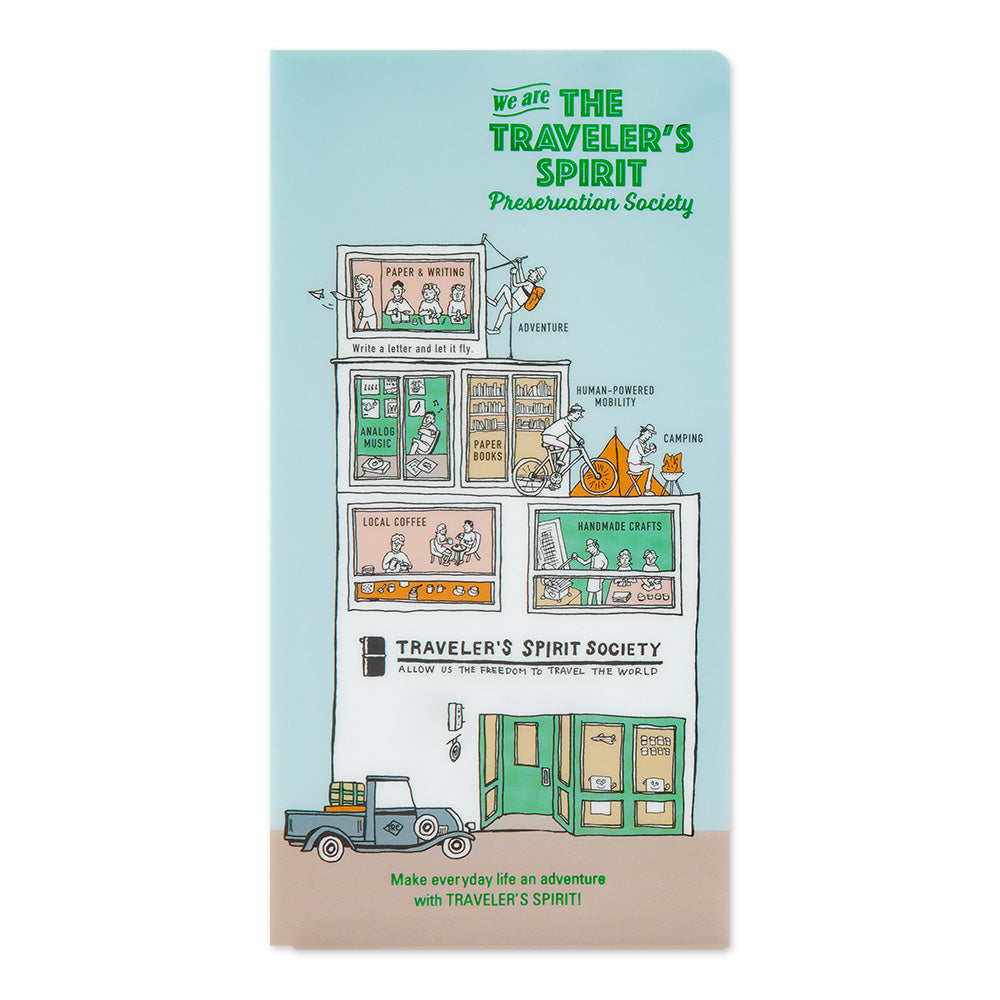 Brochure for 'The Traveler's Spirit Preservation Society' with illustrations and text on a light blue background.
