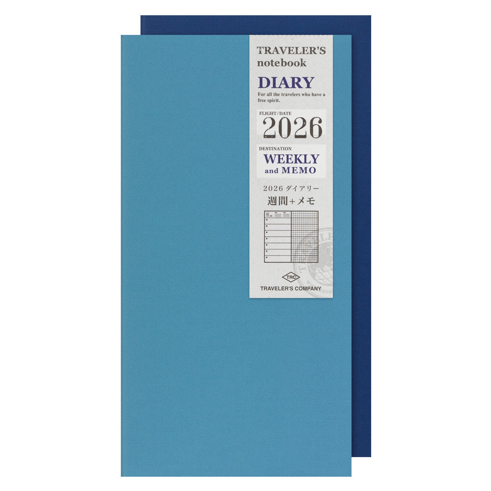 Blue diary with a white label on a white background