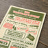 Vintage-style card with text and graphics on a wooden surface