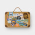 Brown suitcase with various travel-themed stickers on a white background