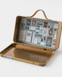 Open tin case with decorative interior on a white background