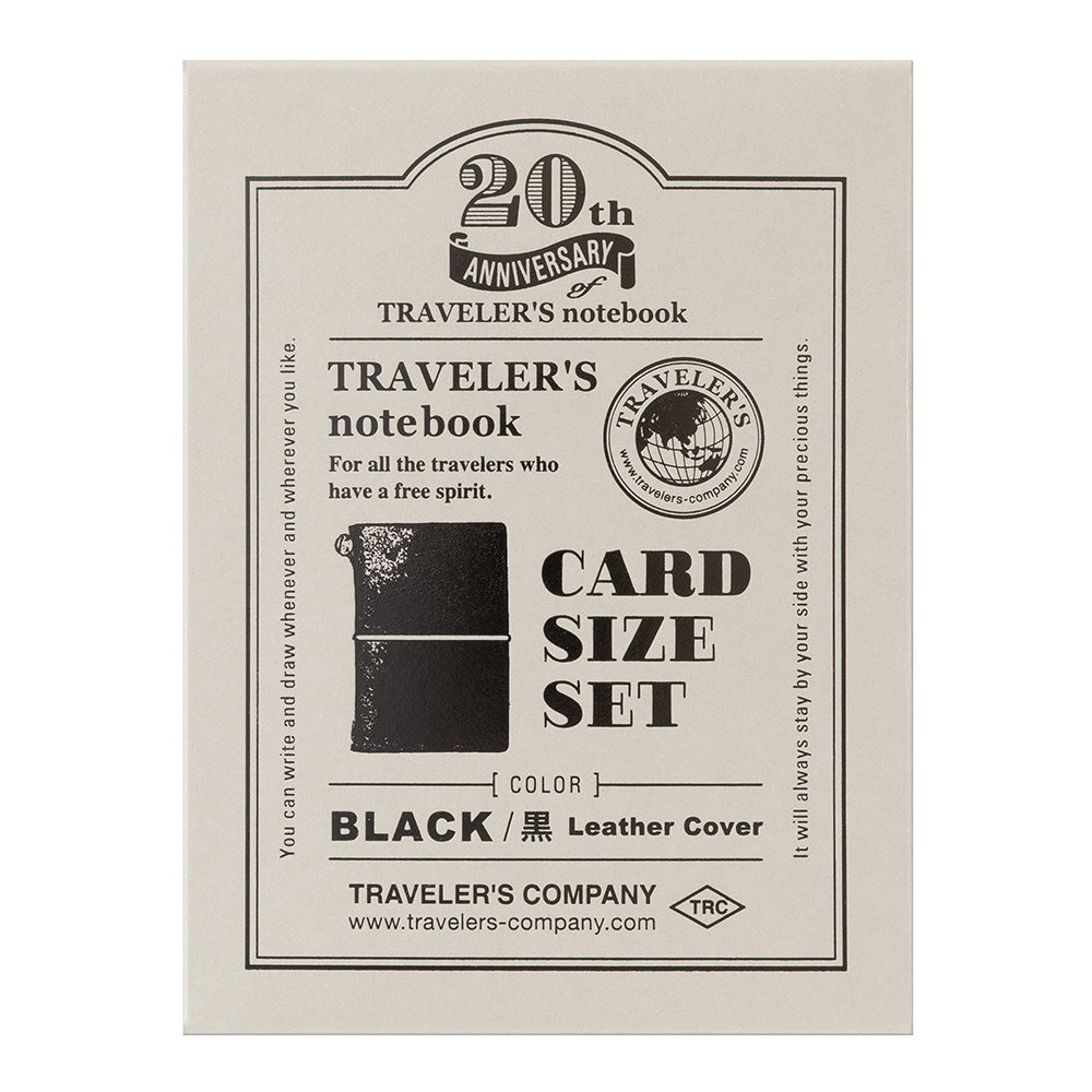 Traveler's notebook card size set packaging with branding and text on a beige background