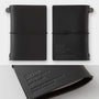 Black leather notebook with '20th Traveler's notebook' embossed on it, shown from different angles.