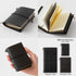 Black leather notebook with various sizes shown on a white background