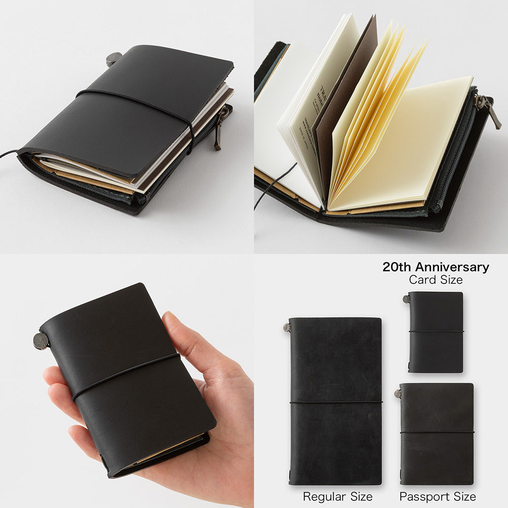 Black leather notebook with various sizes shown on a white background
