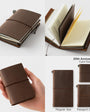 Brown leather notebook with various views and size options on a white background