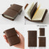 Brown leather notebook with various views and size options on a white background