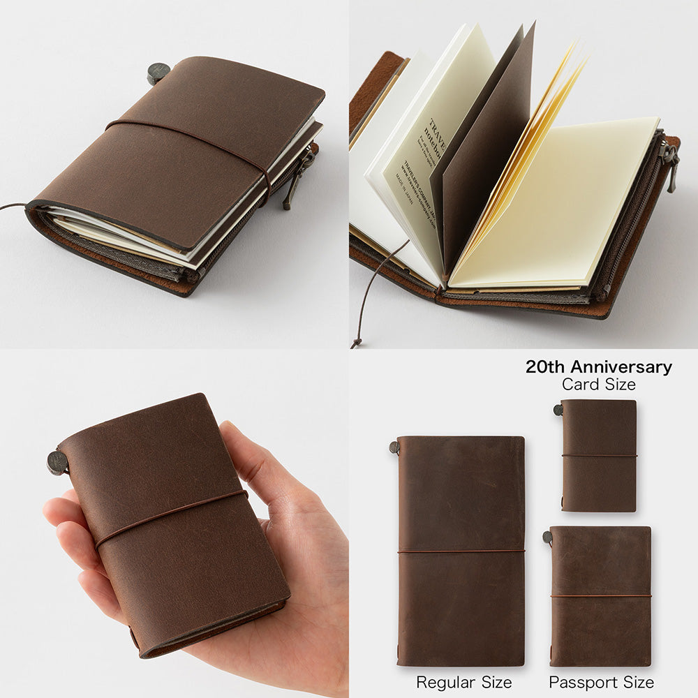 Brown leather notebook with various views and size options on a white background