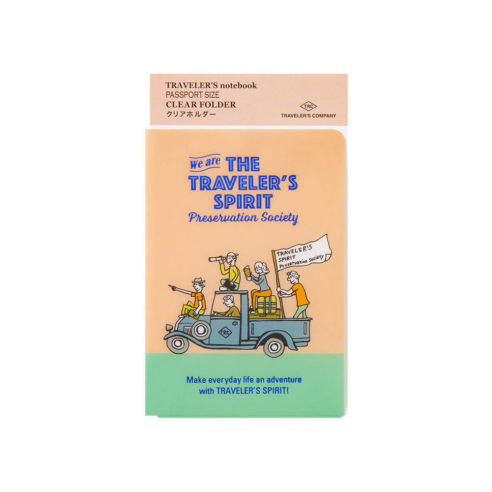 Clear folder with illustration of people in a car and text about 'The Traveler's Spirit Preservation Society' on a beige background.