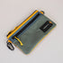 Gray and yellow pouch with a black zipper on a light gray background