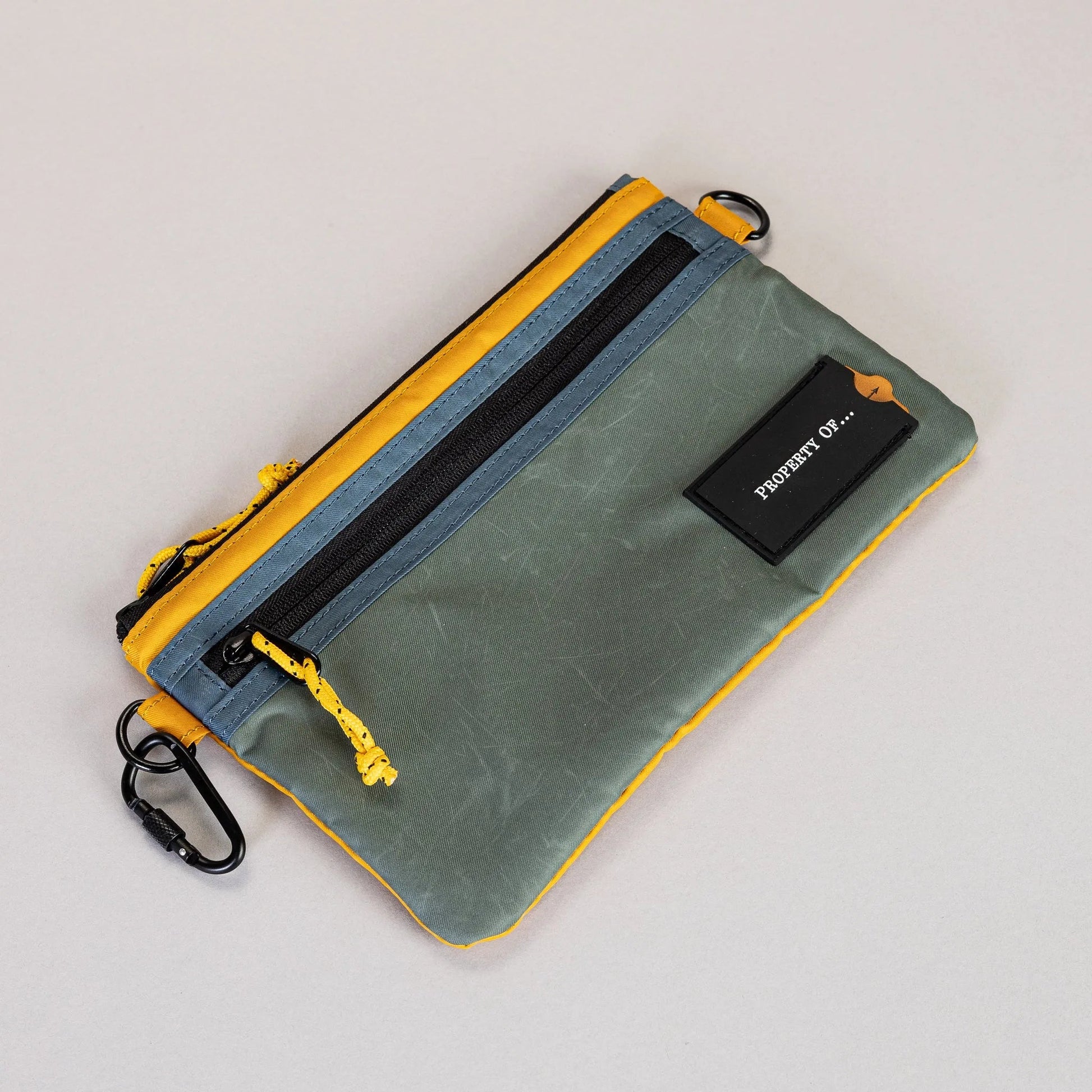 Gray and yellow pouch with a black zipper on a light gray background